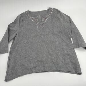 SILVERWEAR Womens Cotton Linen Shirt Size L Pullover Jeweled Blouse Minimalist